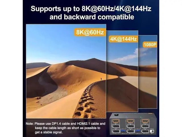 Alt view image 5 of 7 - 8K@60Hz HDMI + 2 Displayport KVM Switch 3 Monitors 2 Computers 4K@144Hz Triple Monitor KVM Switches for 2 PCs 3 Monitors with 4 USB 3.0 Port, Wired Remote,Power Adapter & USB3.0 Cables Included