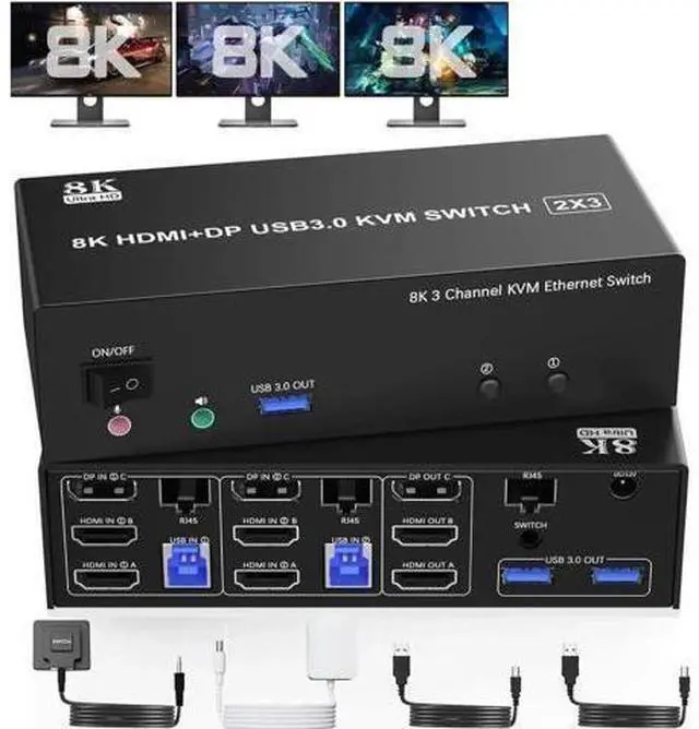 Main image of KVM Switch 3 Monitors 2 Computers 8K@60Hz 4K@144Hz, 2 HDMI + DisplayPort USB3.0 KVM Switch Triple Monitor for 2 Computer Share 1000Mbps Ethernet, 3 USB 3.0 Ports, Audio&Microphone, Wired Remote