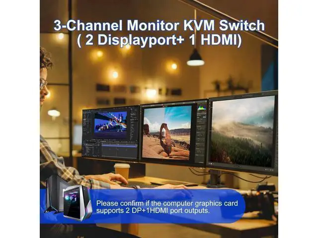 Alt view image 6 of 7 - KVM Switch 3 Monitors 2 Computers 8K@60Hz 4K@144Hz, HDMI + 2 Displayport Triple Monitor KVM Switch for 2 PC Share 3 Monitor, Audio Mic Port and 3 USB 3.0 Devices Support Extended and Copy Mode