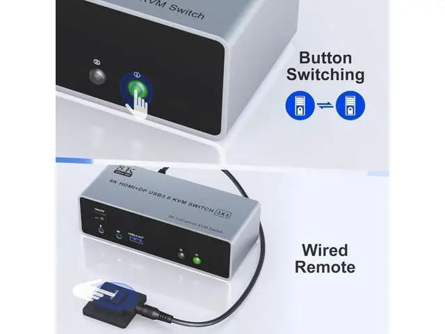 Alt view image 7 of 7 - KVM Switch 3 Monitors 2 Computers 8K@60Hz 4K@144Hz, HDMI + 2 Displayport Triple Monitor KVM Switch for 2 PC Share 3 Monitor, Audio Mic Port and 3 USB 3.0 Devices Support Extended and Copy Mode