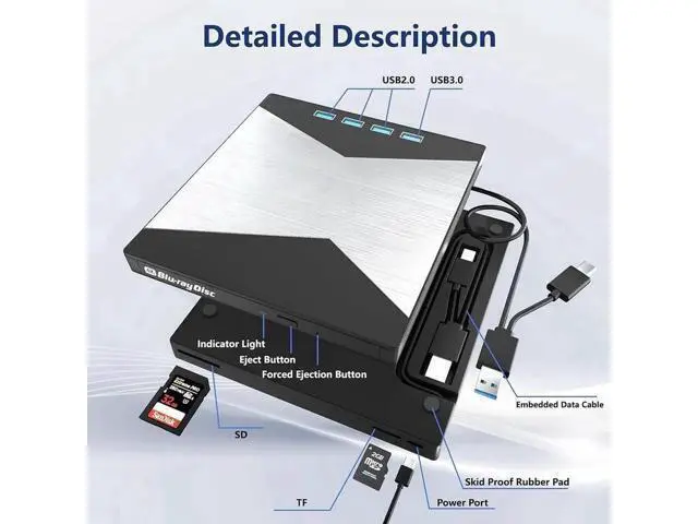 Alt view image 2 of 7 - 7-in-1 External Blu Ray Drive, 4K Portable Blu Ray Burner USB 3.0 Type-C BD Player with SD/TF Port, CD/DVD Burner R/W 3D BluRay Drive, External 4K Blu Ray Drive Compatible with Windows MacOS Laptop PC