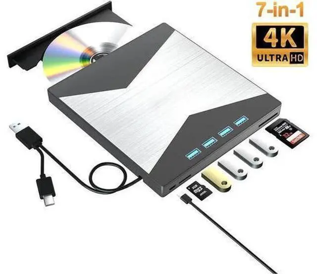 Main image of 7-in-1 External Blu Ray Drive, 4K Portable Blu Ray Burner USB 3.0 Type-C BD Player with SD/TF Port, CD/DVD Burner R/W 3D BluRay Drive, External 4K Blu Ray Drive Compatible with Windows MacOS Laptop PC