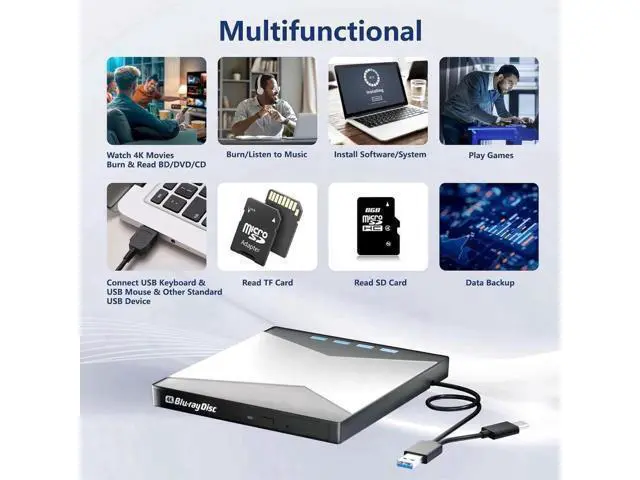 Alt view image 6 of 7 - 7-in-1 External Blu Ray Drive, 4K Portable Blu Ray Burner USB 3.0 Type-C BD Player with SD/TF Port, CD/DVD Burner R/W 3D BluRay Drive, External 4K Blu Ray Drive Compatible with Windows MacOS Laptop PC