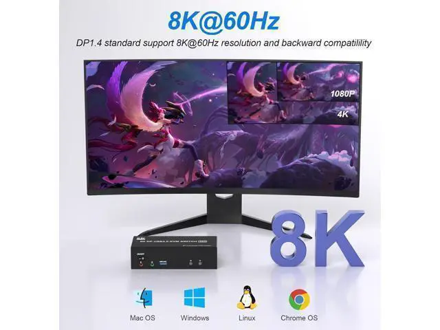 Alt view image 4 of 7 - 8K@60Hz KVM Switch 3 Monitors 2 Computers 4K@144Hz, DP 1.4 8K Displayport Triple Monitor KVM Switch for 2 Computer Share 3 Monitor, Audio Mic Port and 3 USB3.0 Devices, Wired Remote, 5V Adapter