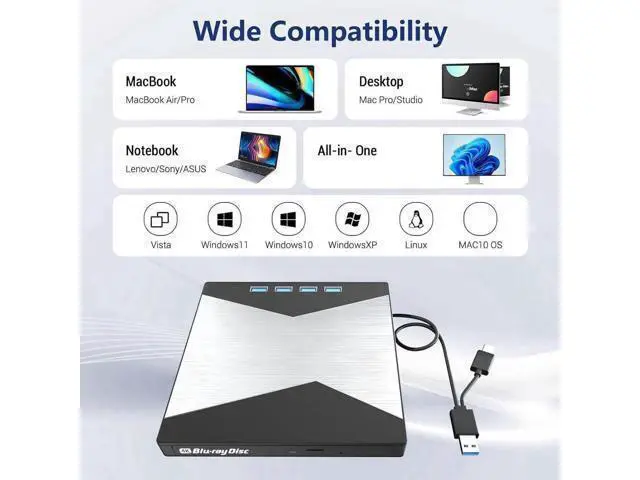 Alt view image 5 of 7 - 7-in-1 External Blu Ray Drive, 4K Portable Blu Ray Burner USB 3.0 Type-C BD Player with SD/TF Port, CD/DVD Burner R/W 3D BluRay Drive, External 4K Blu Ray Drive Compatible with Windows MacOS Laptop PC