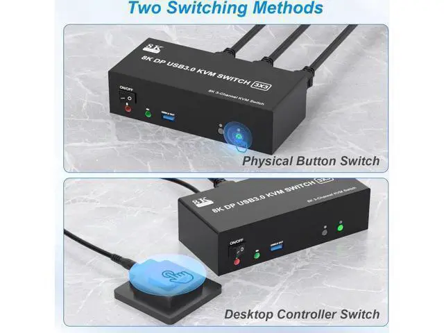 Alt view image 7 of 7 - 8K@60Hz KVM Switch 3 Monitors 2 Computers 4K@144Hz, DP 1.4 8K Displayport Triple Monitor KVM Switch for 2 Computer Share 3 Monitor, Audio Mic Port and 3 USB3.0 Devices, Wired Remote, 5V Adapter