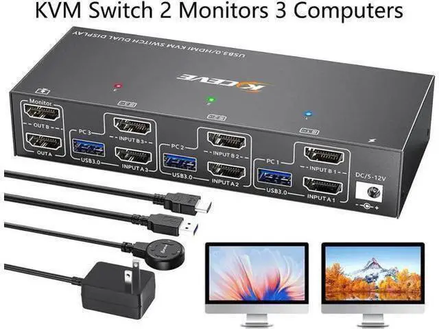 Main image of Vszerda HDMI KVM Switch 2 Monitors 3 Computers 4K@60Hz, Dual Monitor HDMI USB 3.0 KVM Switches for 3PC share 2 Monitors and 4 USB Devices, Wired Remote, Power Adapter and USB 3.0 Cables Included