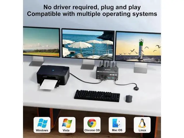 Alt view image 6 of 7 - KVM Switch 2 PC 3 Monitors HDMI + DisplayPort 8K@60Hz 4K@144Hz, Triple Monitor KVM Switch for 2 PC Share 3 Monitors and 4 USB 3.0 Devices with 12V Power Adapter,Included Wired Remote Controller