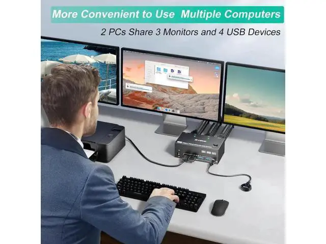 Alt view image 5 of 7 - KVM Switch 2 PC 3 Monitors HDMI + DisplayPort 8K@60Hz 4K@144Hz, Triple Monitor KVM Switch for 2 PC Share 3 Monitors and 4 USB 3.0 Devices with 12V Power Adapter,Included Wired Remote Controller