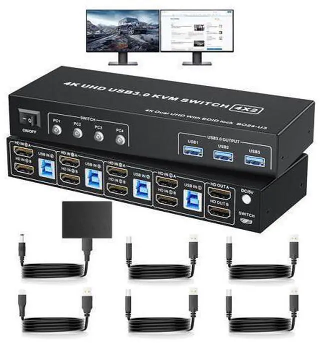 Main image of 2 HDMI Port KVM Switch Box for 4 Computers Share 2 Monitors, Vszerda Dual Monitor with 3 USB 3.0 Ports, Support 4K@60Hz Copy Extended Splicing Display, Button Controller & 4 USB Cables Included