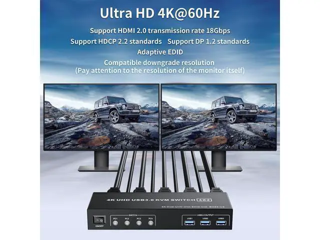 Alt view image 4 of 6 - 2 HDMI Port KVM Switch Box for 4 Computers Share 2 Monitors, Vszerda Dual Monitor with 3 USB 3.0 Ports, Support 4K@60Hz Copy Extended Splicing Display, Button Controller & 4 USB Cables Included