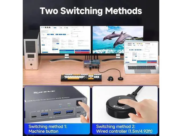 Alt view image 7 of 7 - Vszerda USB C KVM Switch 4K@60Hz, USB C HDMI Dual Monitor KVM Switch for 1 PC and 1 Laptop Sharing 2 Monitor and 4 USB3.0 Devices, 100W PD for Laptop with Wired Remote Control and USB Cables Included
