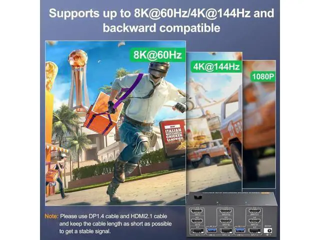 Alt view image 6 of 7 - Triple Monitor 2 HDMI + Displayport KVM Switch, 8K@60Hz 4K@144Hz HDMI+DP USB 3.0 Switch Extended Display 3 Monitors 2 Computers KVM Switches 2 in 3 Out, with USB 3.0 Cables Wired Controller