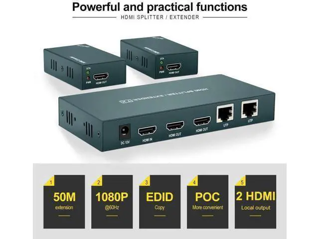 Alt view image 6 of 7 - HDMI Extender Splitter 1x2, HD1080P@60Hz & 3D Visual, Extending 165ft (50m) Length Transmission Over CAT5e/CAT6/CAT7 Cable, 2 Channel Transmission with 2 HDMI Loop Out1