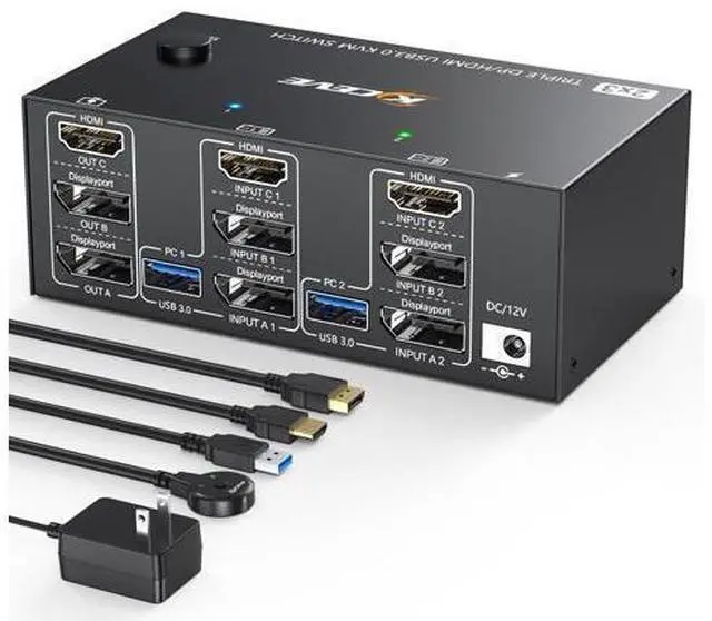 Main image of KVM Switch 3 Monitors 2 Computers, USB 3.0 HDMI + DisplayPort 8K@30Hz/4k@144Hz Triple Monitor DP KVM Switcher for 2 Computer Share 3 Display and 4 USB 3.0 Devices, Wired Remote Included