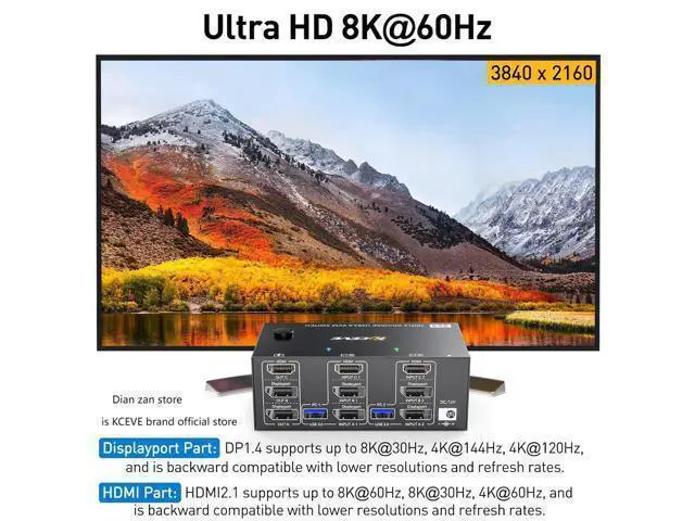 Alt view image 4 of 7 - KVM Switch 3 Monitors 2 Computers, USB 3.0 HDMI + DisplayPort 8K@30Hz/4k@144Hz Triple Monitor DP KVM Switcher for 2 Computer Share 3 Display and 4 USB 3.0 Devices, Wired Remote Included