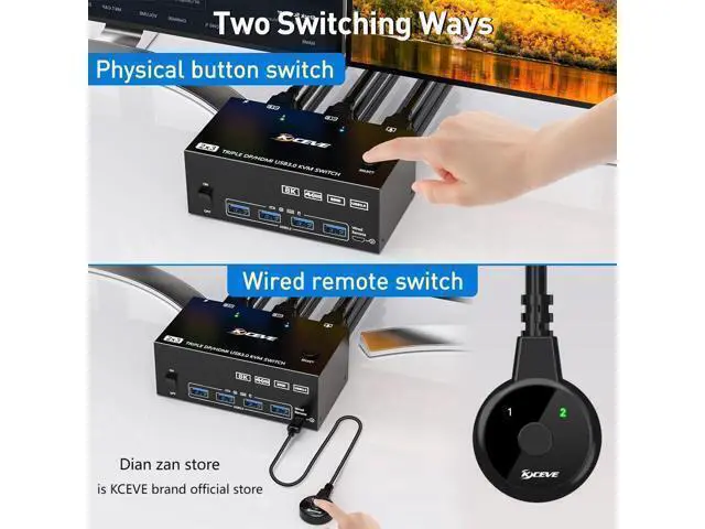 Alt view image 6 of 7 - KVM Switch 3 Monitors 2 Computers, USB 3.0 HDMI + DisplayPort 8K@30Hz/4k@144Hz Triple Monitor DP KVM Switcher for 2 Computer Share 3 Display and 4 USB 3.0 Devices, Wired Remote Included