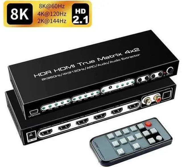 Main image of 8K 4x2 HDMI Matrix, 4 in 2 Out HDMI 2.1 Matrix HDMI Video Switcher Splitter + Optical & L/R Audio Output,Support 4K @120Hz,HDR10 HDCP2.3 Do-l-by Vision Atmos SPDIF 5.1CH ARC with IR Remote Control