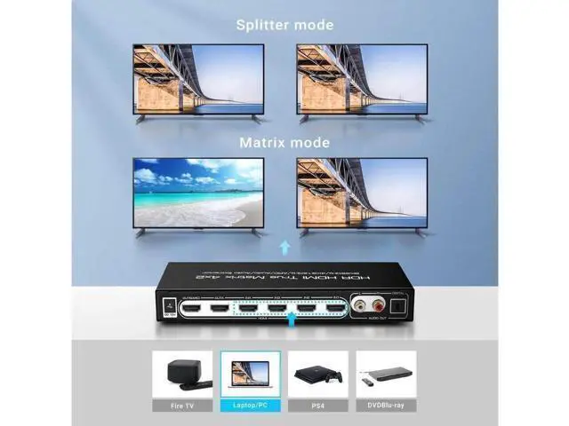 Alt view image 6 of 7 - 8K 4x2 HDMI Matrix, 4 in 2 Out HDMI 2.1 Matrix HDMI Video Switcher Splitter + Optical & L/R Audio Output,Support 4K @120Hz,HDR10 HDCP2.3 Do-l-by Vision Atmos SPDIF 5.1CH ARC with IR Remote Control
