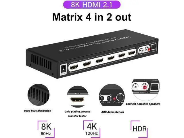 Alt view image 5 of 7 - Vszerda 8K 4x2 HDMI Matrix Switch,4 in 2 Out Matrix HDMI2.1 Video Switcher Splitter +Optical & RAC Audio Output, Support 8K @60Hz 4K@120Hz HDR10 ARC with IR Remote Control for PS5 Xbox