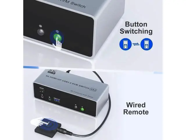 Alt view image 3 of 7 - KVM Switch 3 Monitors 2 Computers 8K@60Hz 4K@144Hz, HDMI + 2 Displayport Triple Monitor KVM Switch for 2 PC Share 3 Monitor, Audio Mic Port and 3 USB 3.0 Devices Support Extended and Copy Mode