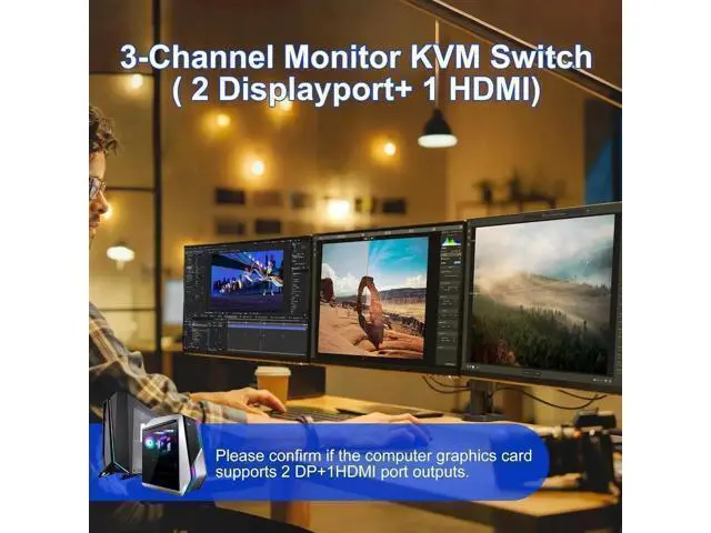Alt view image 7 of 7 - KVM Switch 3 Monitors 2 Computers 8K@60Hz 4K@144Hz, HDMI + 2 Displayport Triple Monitor KVM Switch for 2 PC Share 3 Monitor, Audio Mic Port and 3 USB 3.0 Devices Support Extended and Copy Mode