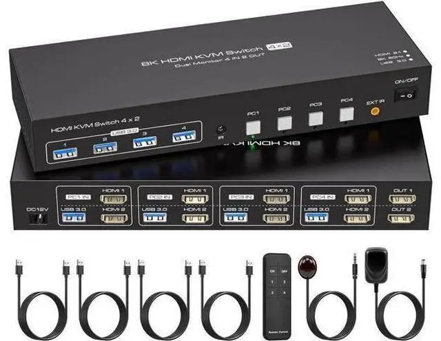 Main image of Vszerda Dual Monitor HDMI KVM Switch 4 Computers 2 Monitors 8K@60Hz 4K@120Hz 4 Port KVM Switches for 4 PC Share 4 USB 3.0 Devices Support Copy and Extend Mode Includes Remote Control and Power Adapte
