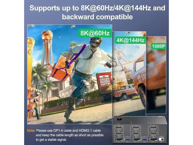 Alt view image 5 of 7 - Triple Monitor 2 HDMI + Displayport KVM Switch, 8K@60Hz 4K@144Hz HDMI+DP USB 3.0 Switch Extended Display 3 Monitors 2 Computers KVM Switches 2 in 3 Out, with USB 3.0 Cables Wired Controller