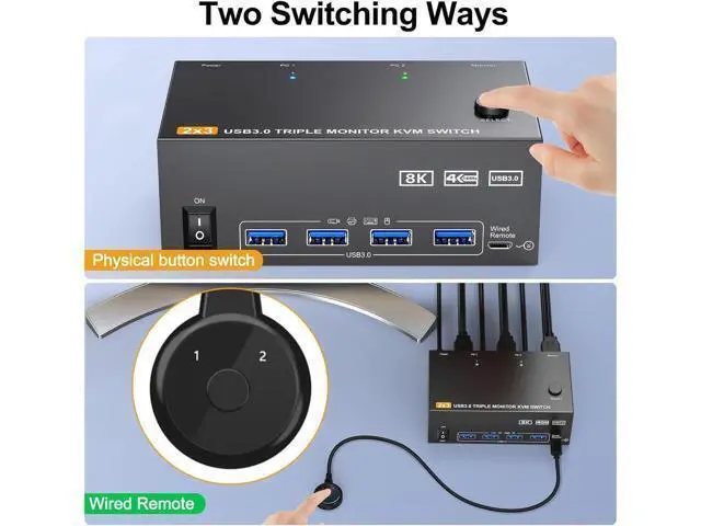 Alt view image 4 of 7 - Triple Monitor 2 HDMI + Displayport KVM Switch, 8K@60Hz 4K@144Hz HDMI+DP USB 3.0 Switch Extended Display 3 Monitors 2 Computers KVM Switches 2 in 3 Out, with USB 3.0 Cables Wired Controller