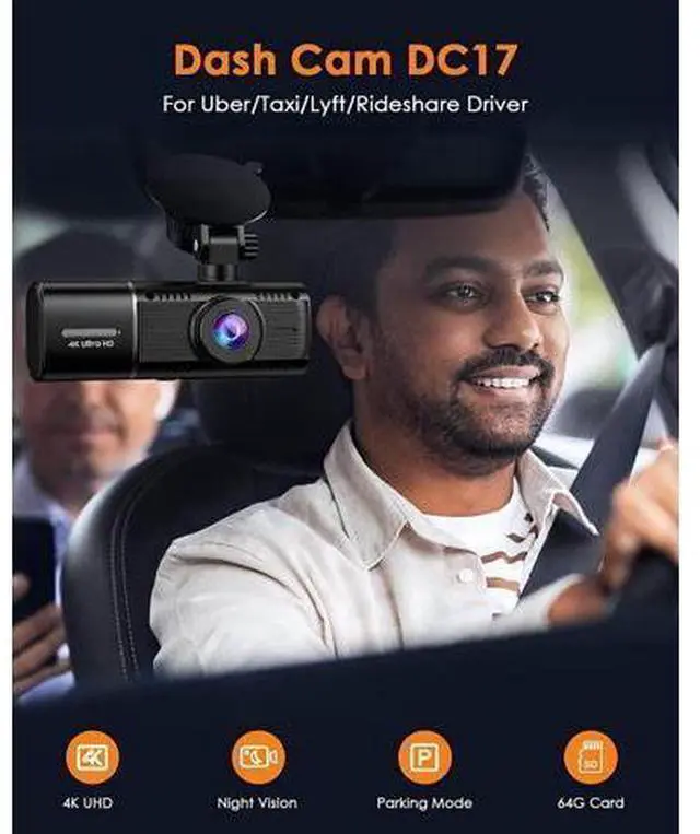Alt view image 2 of 6 - 4K Dual Dash Cam Front and Inside, 2160P+1080P IR Night Vision Cabin Car Camera with 64GB Memory Card, Wide Angle Mini Dash Camera Car Video with Parking Mode for Taxi