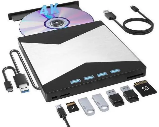 Main image of External Blu Ray Drives, 4K Portable Blu Ray Burner USB 3.0 Type-C UHD BD Player with SD/TF Port, CD/DVD Burner R/W 3D Blu Ray Drive, External 4k Blu Ray Drive Compatible with Windows Mac OS Laptop