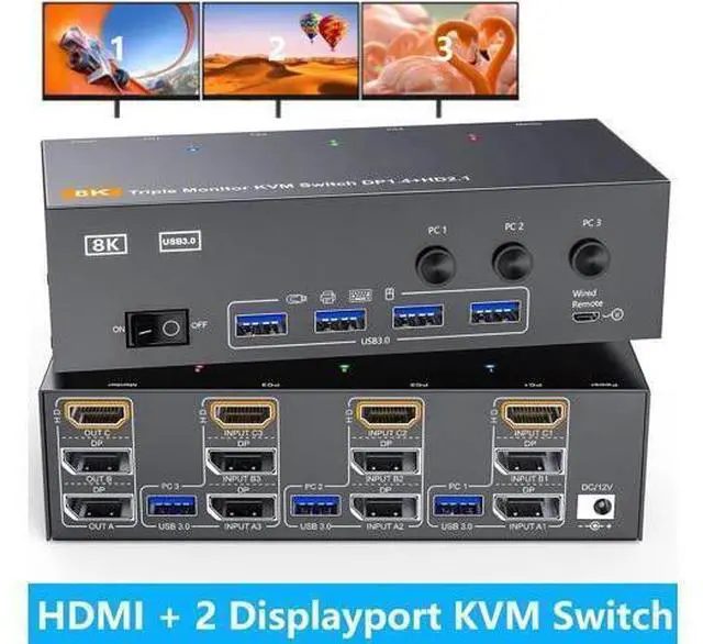 Main image of Triple Monitor HDMI+DP+DP KVM Switch 3 Monitors 3 Computers 4K@144Hz 8K@60Hz, 2 Displayport + HDMI USB 3.0 KVM Switches with 4 USB 3.0 Port, Wired Remote,Power Adapter & USB 3.0 Cables Included