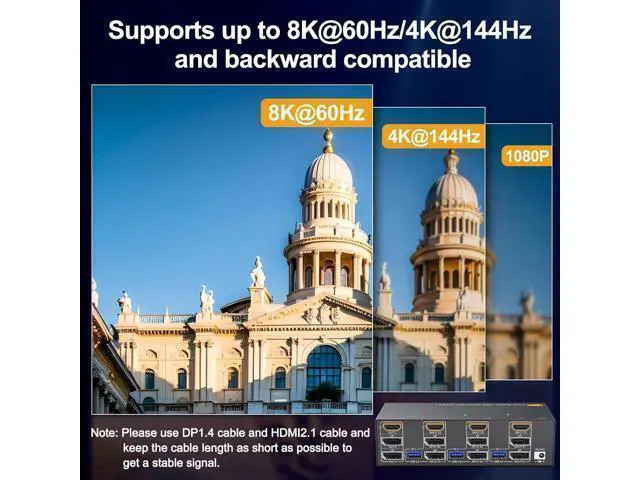 Alt view image 5 of 7 - Triple Monitor HDMI+DP+DP KVM Switch 3 Monitors 3 Computers 4K@144Hz 8K@60Hz, 2 Displayport + HDMI USB 3.0 KVM Switches with 4 USB 3.0 Port, Wired Remote,Power Adapter & USB 3.0 Cables Included