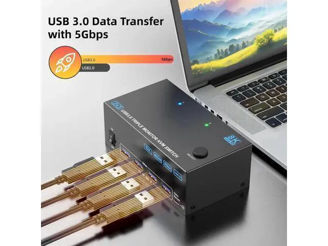 Alt view image 7 of 7 - KVM Switch 3 Monitors 2 Computers 8K@60Hz 4K@144Hz, 1*HDMI+2*DP in, 3*HDMI Out,Triple Monitor KVM Switch with 4 USB 3.0 Ports for USB Devices, Wired Remote,Power Adapter and USB Cables Included