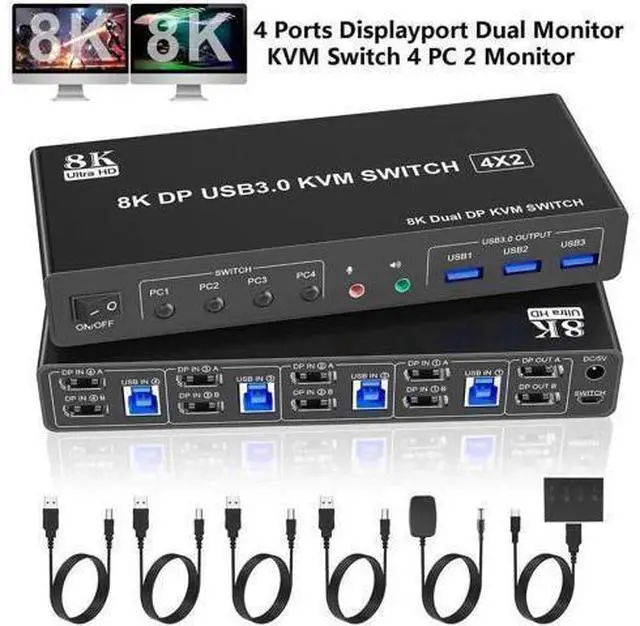 Main image of 8K@60Hz Displayport USB 3.0 KVM Switch for 2 Monitors 4 Computer, 4 Port DP1.4 Dual Monitor KVM Switch with Audio Microphone Output and 3 USB 3.0 Ports, 8K DP Monitor Switch for 4 PCs 2 Monitor