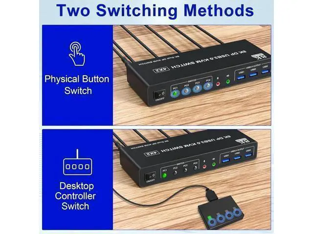Alt view image 5 of 7 - 8K@60Hz Displayport USB 3.0 KVM Switch for 2 Monitors 4 Computer, 4 Port DP1.4 Dual Monitor KVM Switch with Audio Microphone Output and 3 USB 3.0 Ports, 8K DP Monitor Switch for 4 PCs 2 Monitor