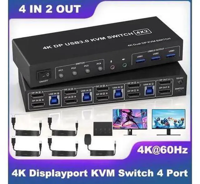 Main image of Vszerda USB 3.0 Displayport Dual Monitor DP KVM Switch for 4 PCs, 4K@60Hz KVM Switch 2 Monitors 4 Computers, with Audio Microphone Output and 3 USB 3.0 Ports, DP Monitor Switch for 4 PCs 2 Monitors