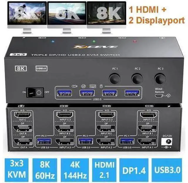 Main image of KVM Switch 3 Monitors 3 Computers 8K@60Hz, HDMI + 2* Displayport Triple Monitor KVM Switches for 3 Computers Share 3 Monitors and 4 USB 3.0 Devices, Wired Remote and 12V power adapter Included