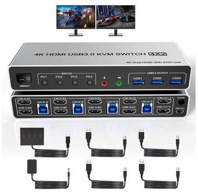 Main image of Vszerda USB 3.0 HDMI KVM Switch Dual Monitors 4 Computers, Supports EDID, 4K@60Hz KVM Switch HDMI 2 Monitor 4 PC with Audio Microphone and 3 USB 3.0 Ports, 4 Port Dual HDMI Monitor Switch for 4PC