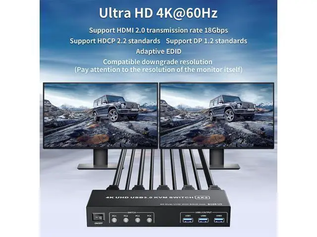 Alt view image 4 of 7 - Vszerda DisplayPort KVM Switch Box for 4 Computers Share 2 Monitors, DP KVM Switch with 3 USB 3.0 Ports, Support 4K@60Hz Copy Extended Splicing Display, Button Controller & 4 USB Cables Included