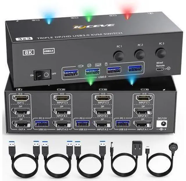 Main image of 8K KVM Switch 3 Monitors 3 Computers HDMI + DisplayPort, USB 3.0 DP KVM Switcher, 8K@30Hz/4k@144Hz Triple Monitor DP KVM for 3 PC Share 3 Display and 4 USB 3.0 Devices