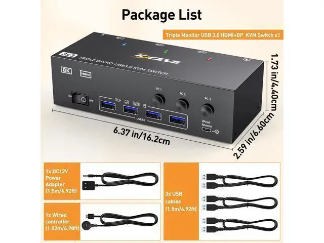 Alt view image 7 of 7 - 8K KVM Switch 3 Monitors 3 Computers HDMI + DisplayPort, USB 3.0 DP KVM Switcher, 8K@30Hz/4k@144Hz Triple Monitor DP KVM for 3 PC Share 3 Display and 4 USB 3.0 Devices
