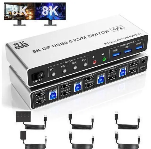 Main image of Vszerda 8K@60Hz USB3.0 Displayport KVM Switch 2 Monitors 4 Computers, 4 Port DP1.4 Dual Monitor Displayport KVM Switch with Audio,Microphone and 3 USB3.0, Dual Monitors Displayport KVM Switch for 4PCs
