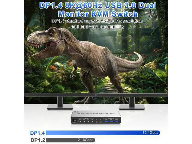 Alt view image 4 of 7 - Vszerda 8K@60Hz USB3.0 Displayport KVM Switch 2 Monitors 4 Computers, 4 Port DP1.4 Dual Monitor Displayport KVM Switch with Audio,Microphone and 3 USB3.0, Dual Monitors Displayport KVM Switch for 4PCs