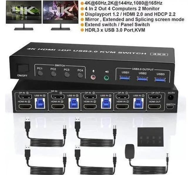 Main image of 4K@60Hz Displayport + HDMI Dual Monitor KVM Switch for 4 PCs, USB 3.0 HDMI + DP KVM Switch 2 Monitors 4 Computers, with Audio Microphone Output and 3 USB 3.0 Ports, with Wired Remote Controller