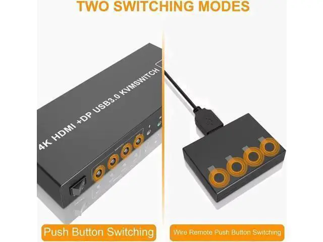 Alt view image 6 of 7 - 4K@60Hz Displayport + HDMI Dual Monitor KVM Switch for 4 PCs, USB 3.0 HDMI + DP KVM Switch 2 Monitors 4 Computers, with Audio Microphone Output and 3 USB 3.0 Ports, with Wired Remote Controller