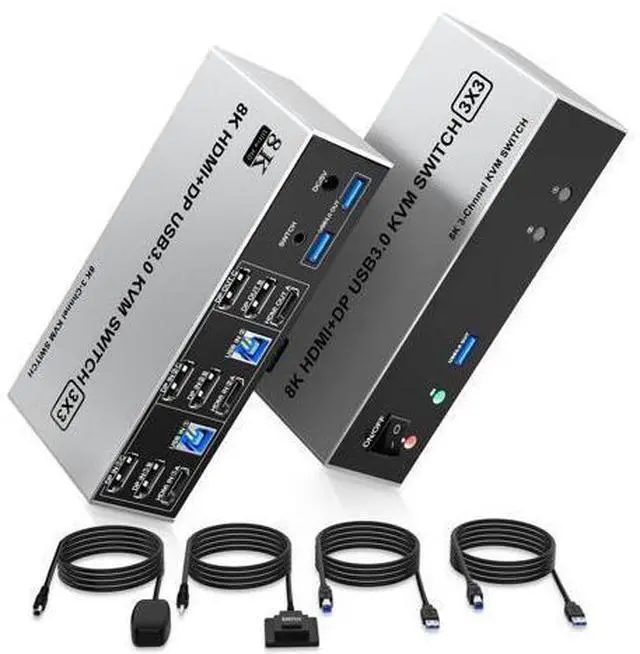 Main image of 8K@60Hz USB3.0 2 Displayport+HDMI KVM Switch Triple Monitor 2Computer, 2PC Share 3Monitors (HDMI+2 Displayport) KVM Switch with Audio Microphone and 3USB Ports, HDMI+2 DP Monitor Switch for 2PC