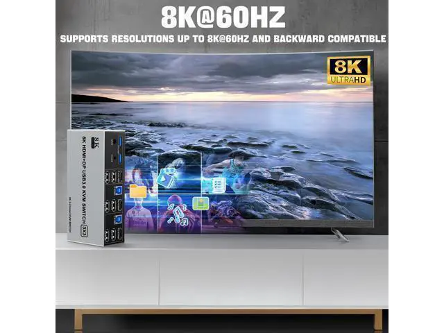 Alt view image 3 of 7 - 8K@60Hz USB3.0 2 Displayport+HDMI KVM Switch Triple Monitor 2Computer, 2PC Share 3Monitors (HDMI+2 Displayport) KVM Switch with Audio Microphone and 3USB Ports, HDMI+2 DP Monitor Switch for 2PC