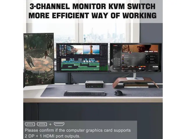 Alt view image 6 of 7 - 8K@60Hz USB3.0 2 Displayport+HDMI KVM Switch Triple Monitor 2Computer, 2PC Share 3Monitors (HDMI+2 Displayport) KVM Switch with Audio Microphone and 3USB Ports, HDMI+2 DP Monitor Switch for 2PC
