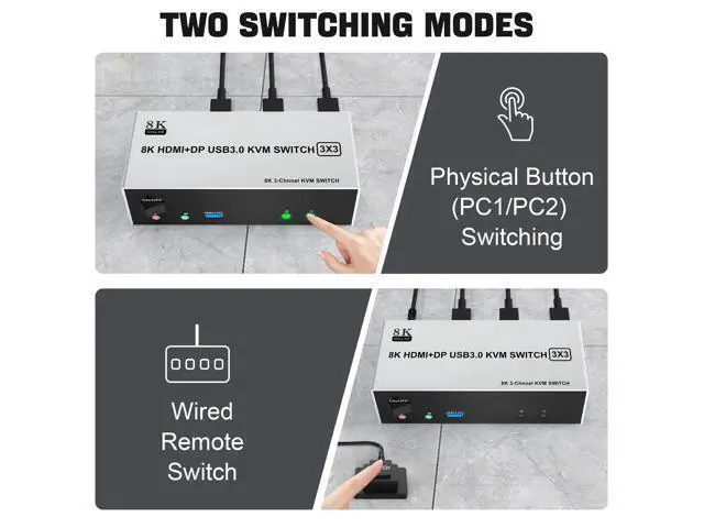 Alt view image 7 of 7 - 8K@60Hz USB3.0 2 Displayport+HDMI KVM Switch Triple Monitor 2Computer, 2PC Share 3Monitors (HDMI+2 Displayport) KVM Switch with Audio Microphone and 3USB Ports, HDMI+2 DP Monitor Switch for 2PC